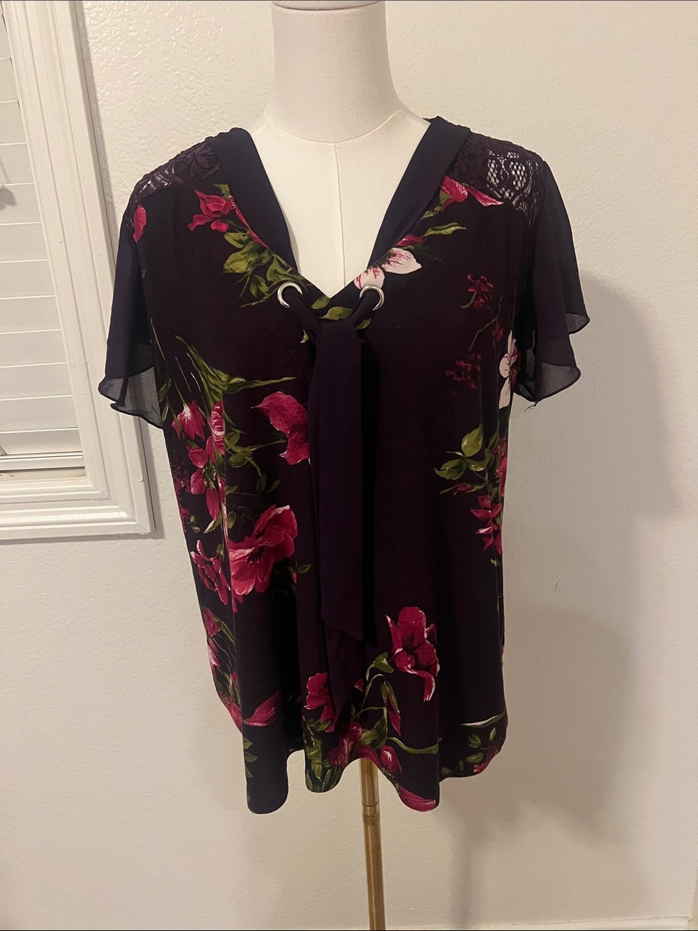Lavish Black Floral Tie-Front Blouse with Pink Flowers
